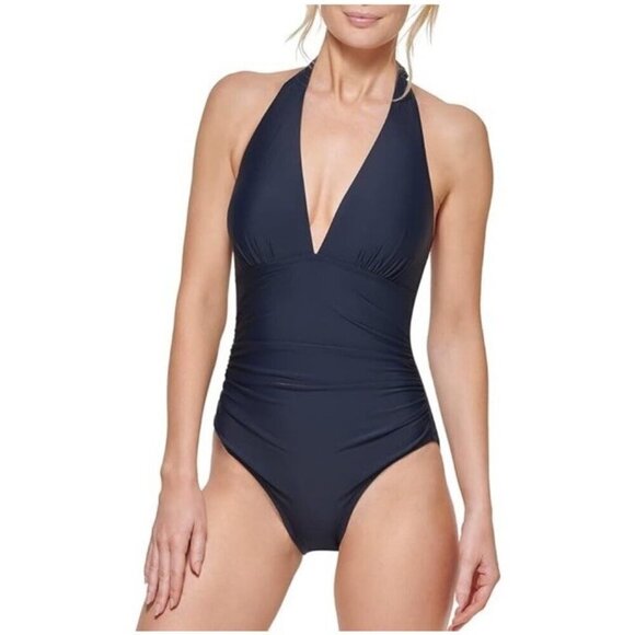 Tommy Hilfiger Women's Size 10 Navy Blue Halter Neck One Piece Swimsuit New - Picture 1 of 9